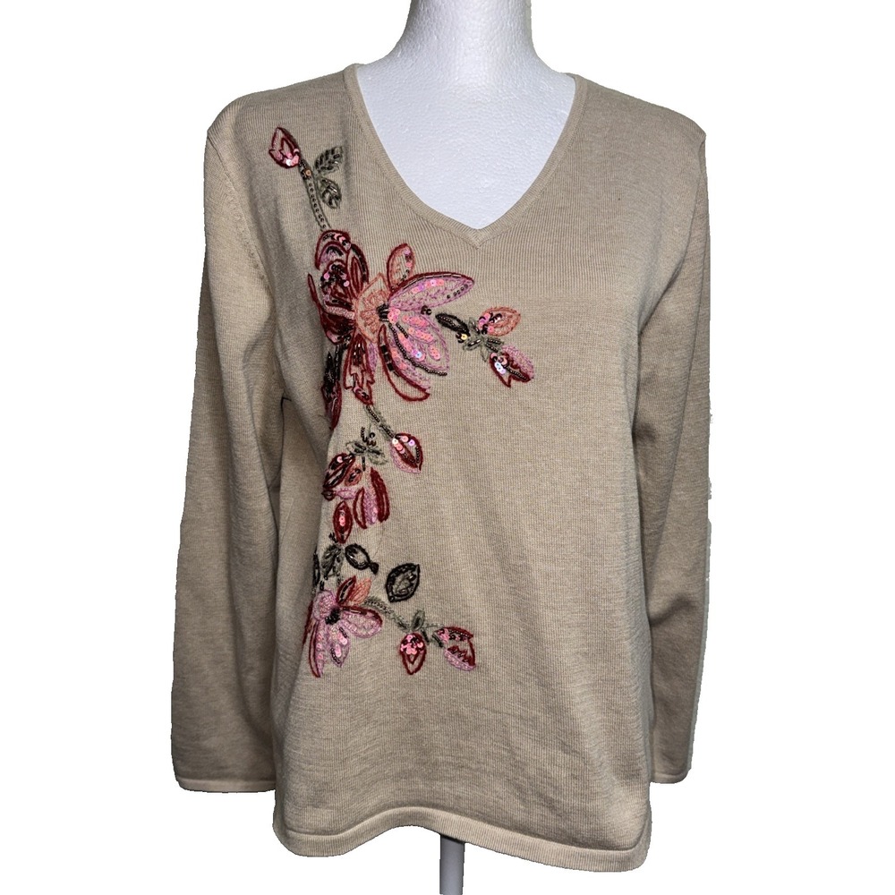 Victor Costa Occasion Top Beige S Sequin Embroidered Beaded Long Sleeve Floral S
